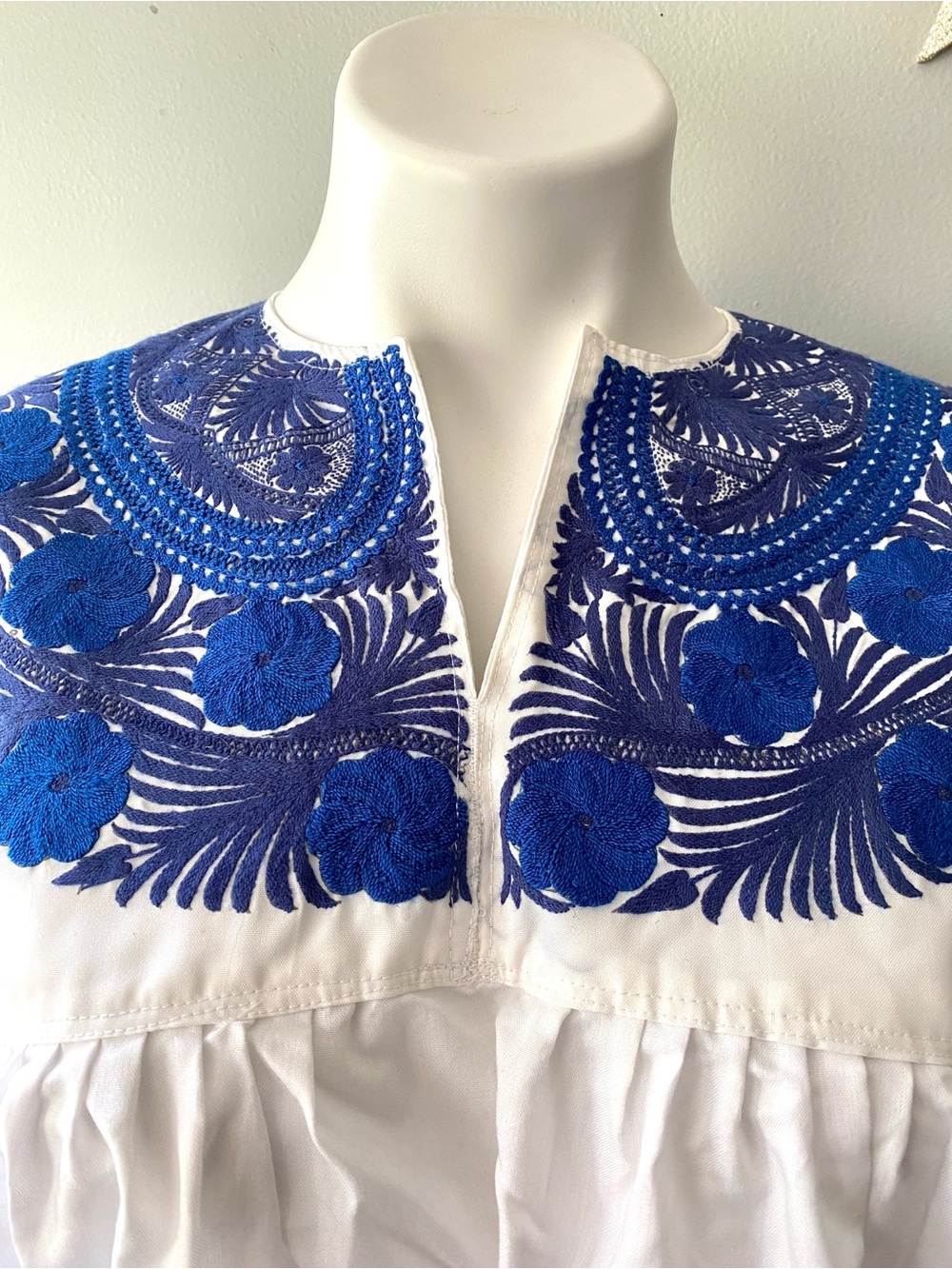 White with Royal Blue Embroidery Dress. Peplum Eyelet Sleeves. NWOT.